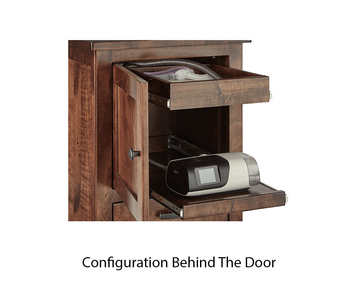 Wooden CPAP nightstand with pull-out trays holding a CPAP machine and hose.