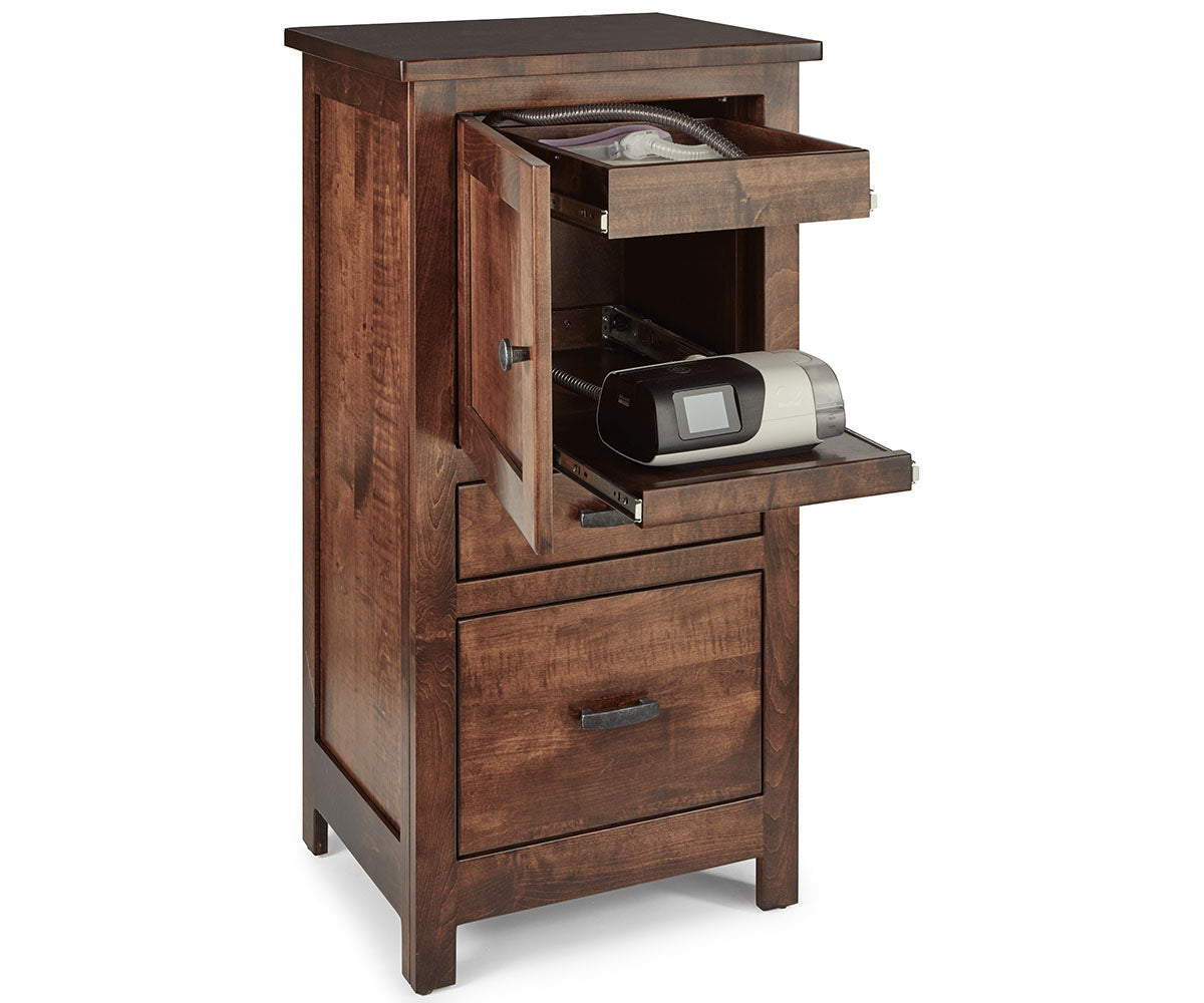 Mission CPAP nightstand in dark brown wood with pull-out trays holding a CPAP machine and mask.