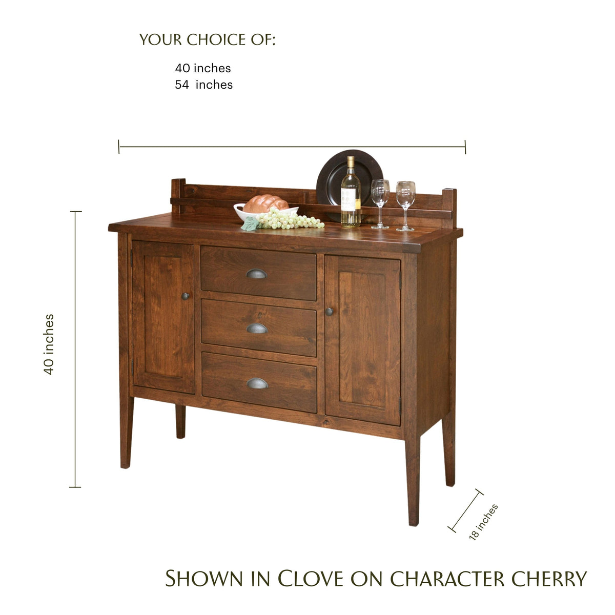 Jacoby cherry wood sideboard in clove finish with dimensions and size options shown