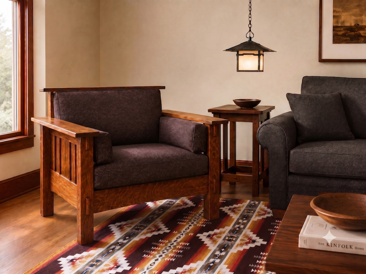 Pendleton Juniper Mesa Cinnabar Southwest wool rug under a wooden armchair