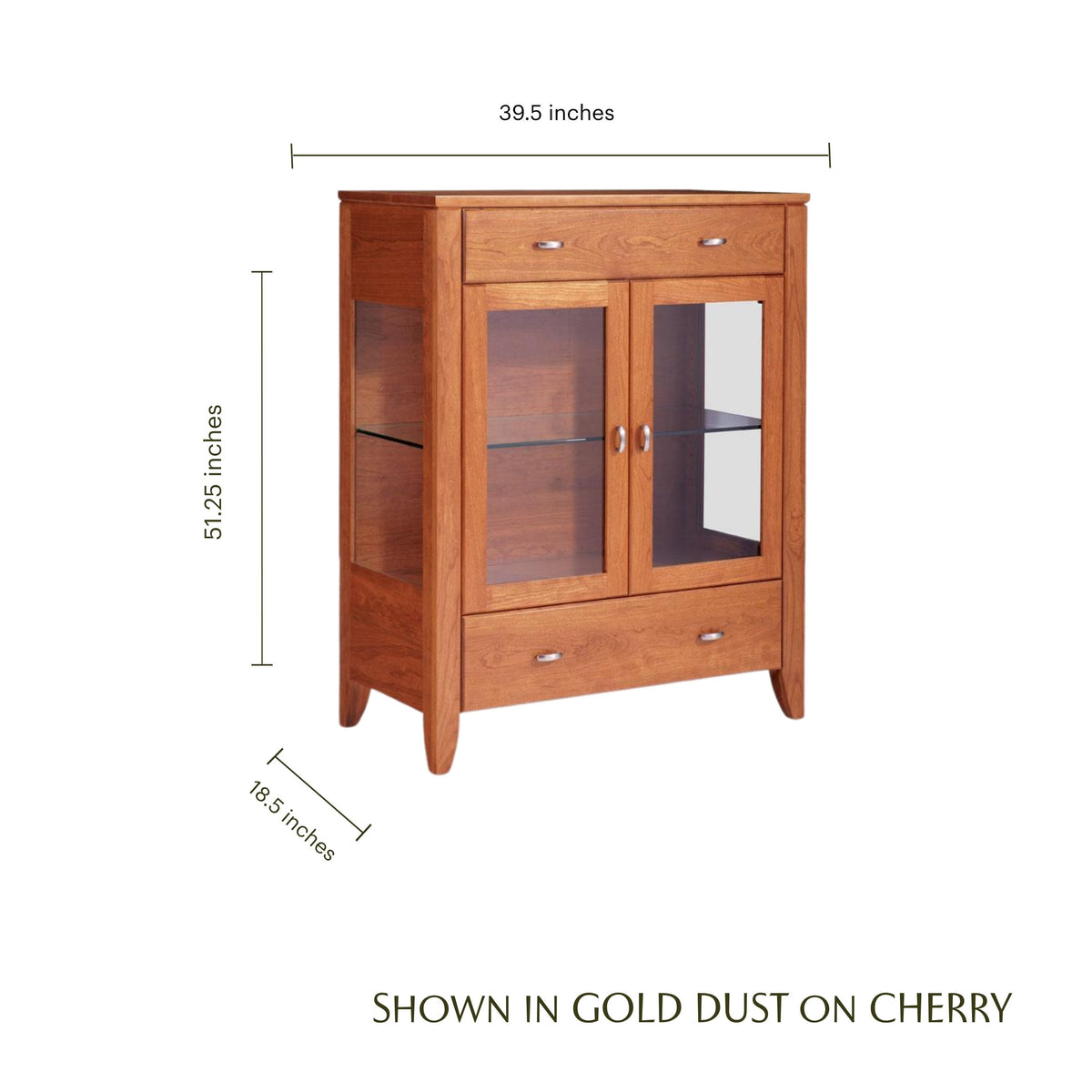 Justine 2-door cherry wood dining cabinet with glass doors and dimensions shown