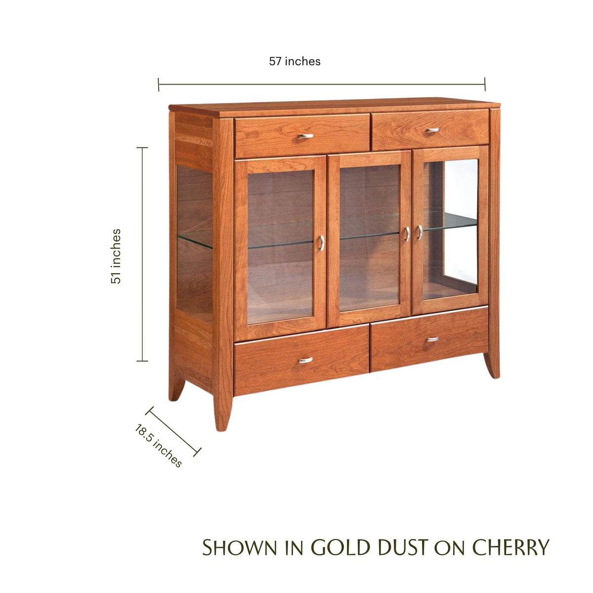 Justine 3-door cherry wood console cabinet with glass doors and dimensions.