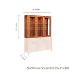 Justine cherry wood closed hutch top with glass doors and dimensions.