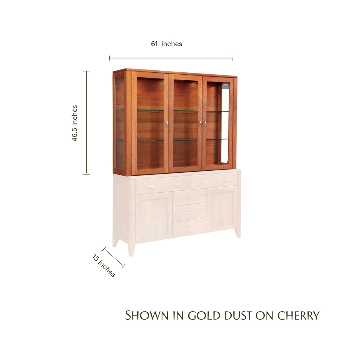 Justine cherry wood closed hutch top with glass doors and dimensions.