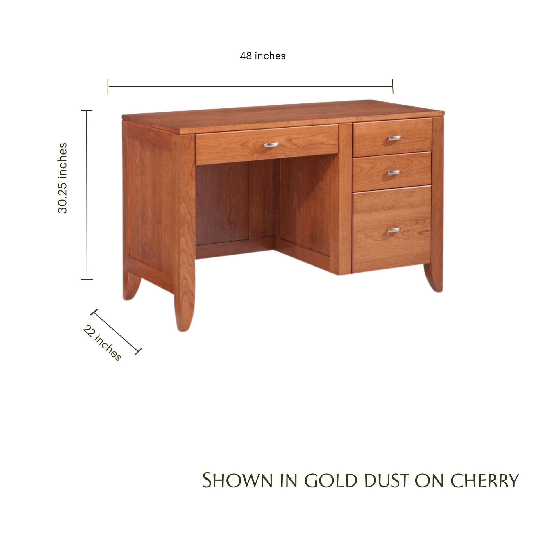 Justine solid cherry wood desk in gold dust finish with drawers and dimensions.