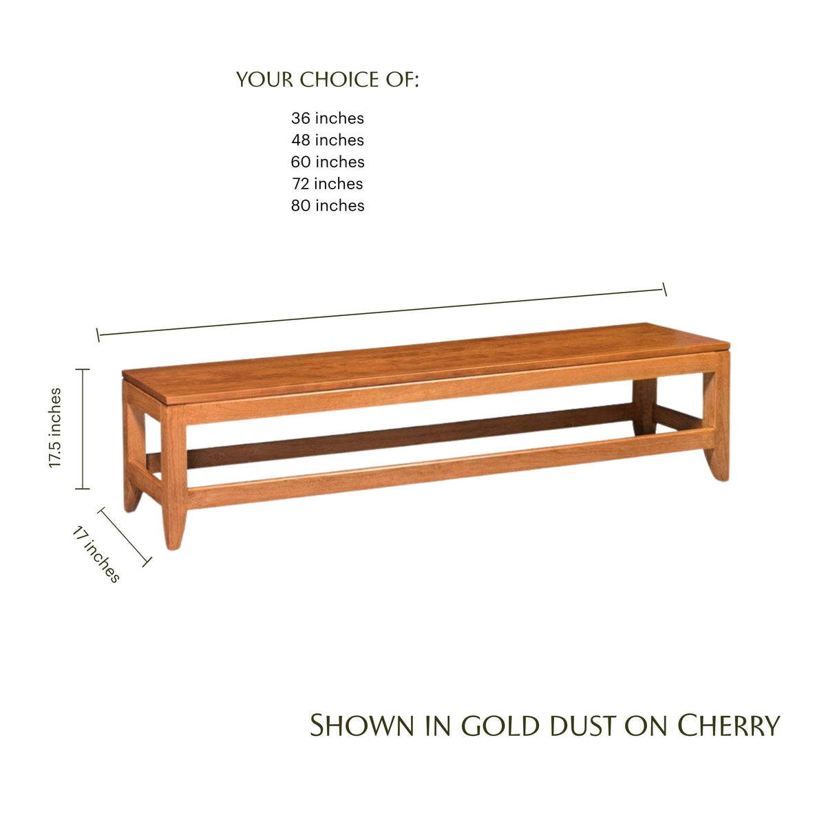 Justine solid hardwood dining bench in gold dust on cherry with dimensions.