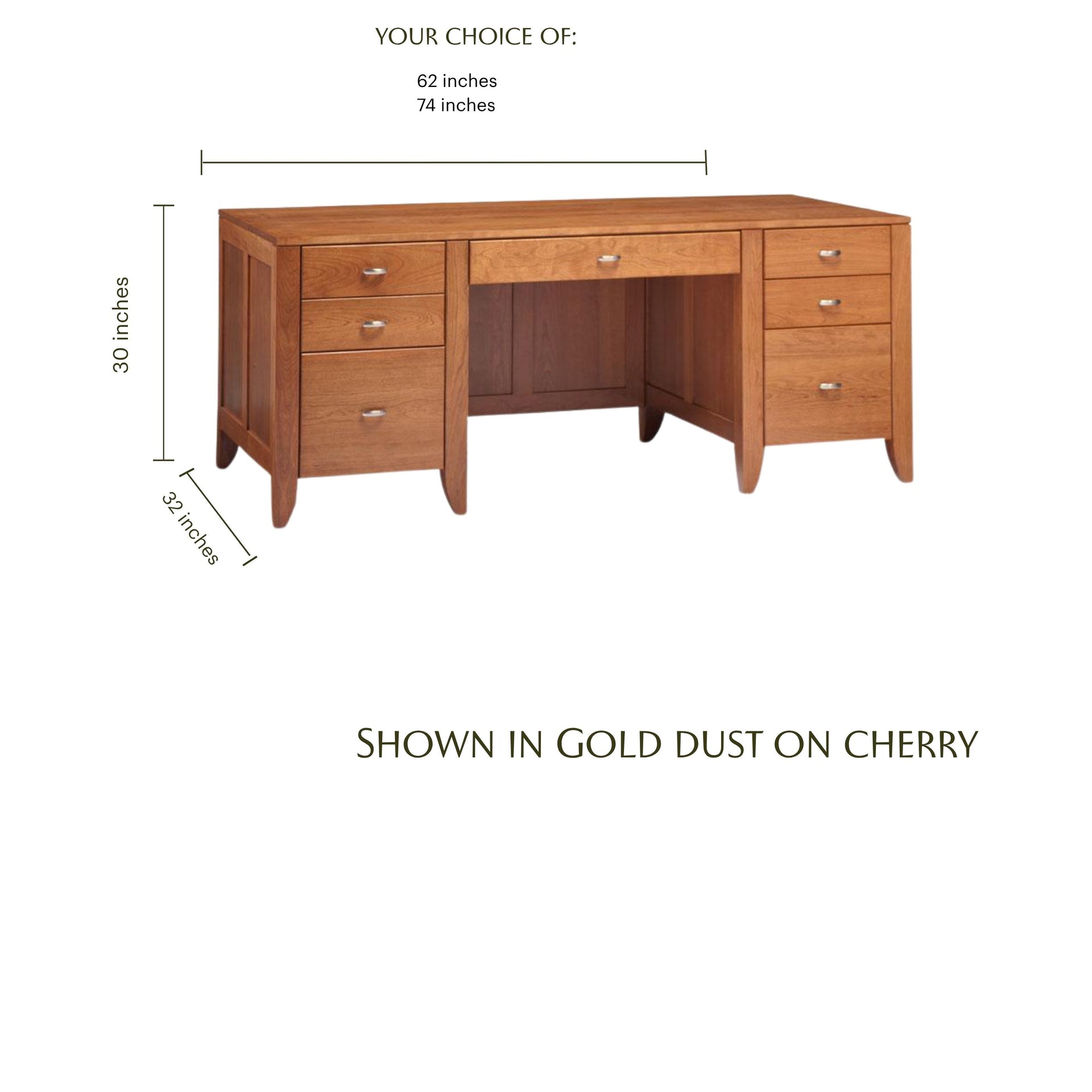 Justine solid cherry wood executive desk in gold dust finish with dimension lines.