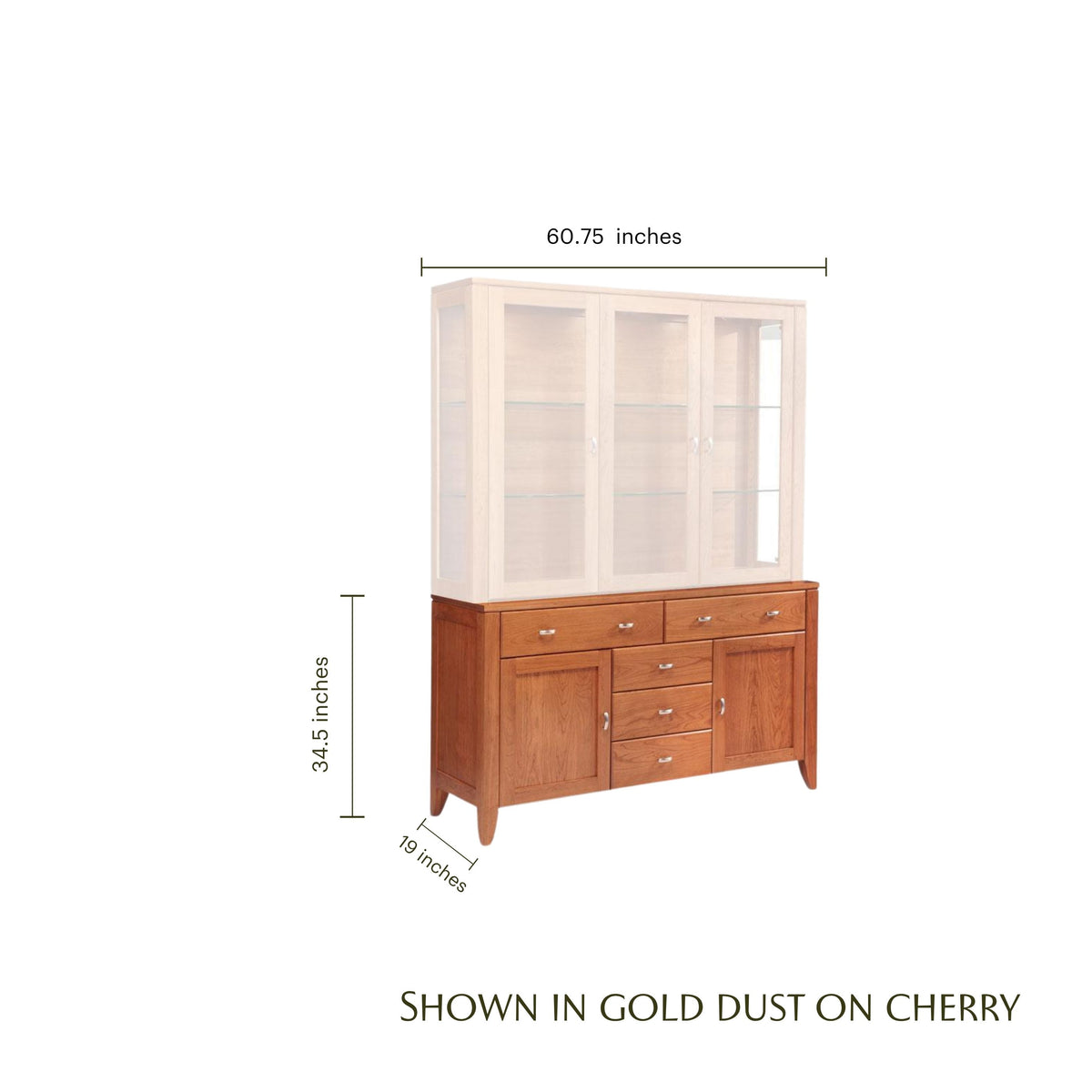 Justine cherry wood hutch base in gold dust finish with dimensions shown