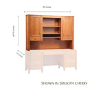Justine wooden hutch top in smooth cherry with dimensions, shown on a credenza desk.