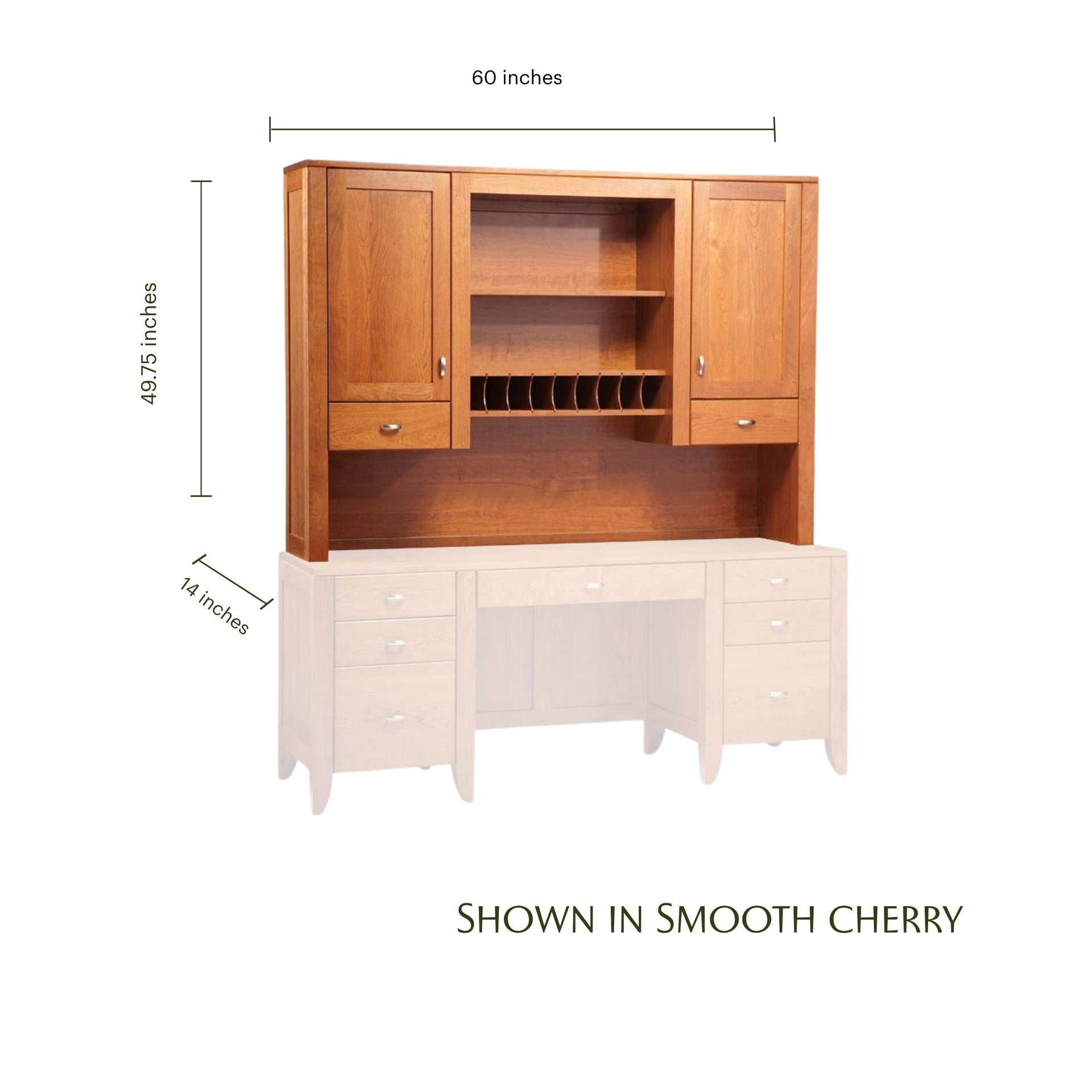 Justine wooden hutch top in smooth cherry with dimensions, shown on a credenza desk.