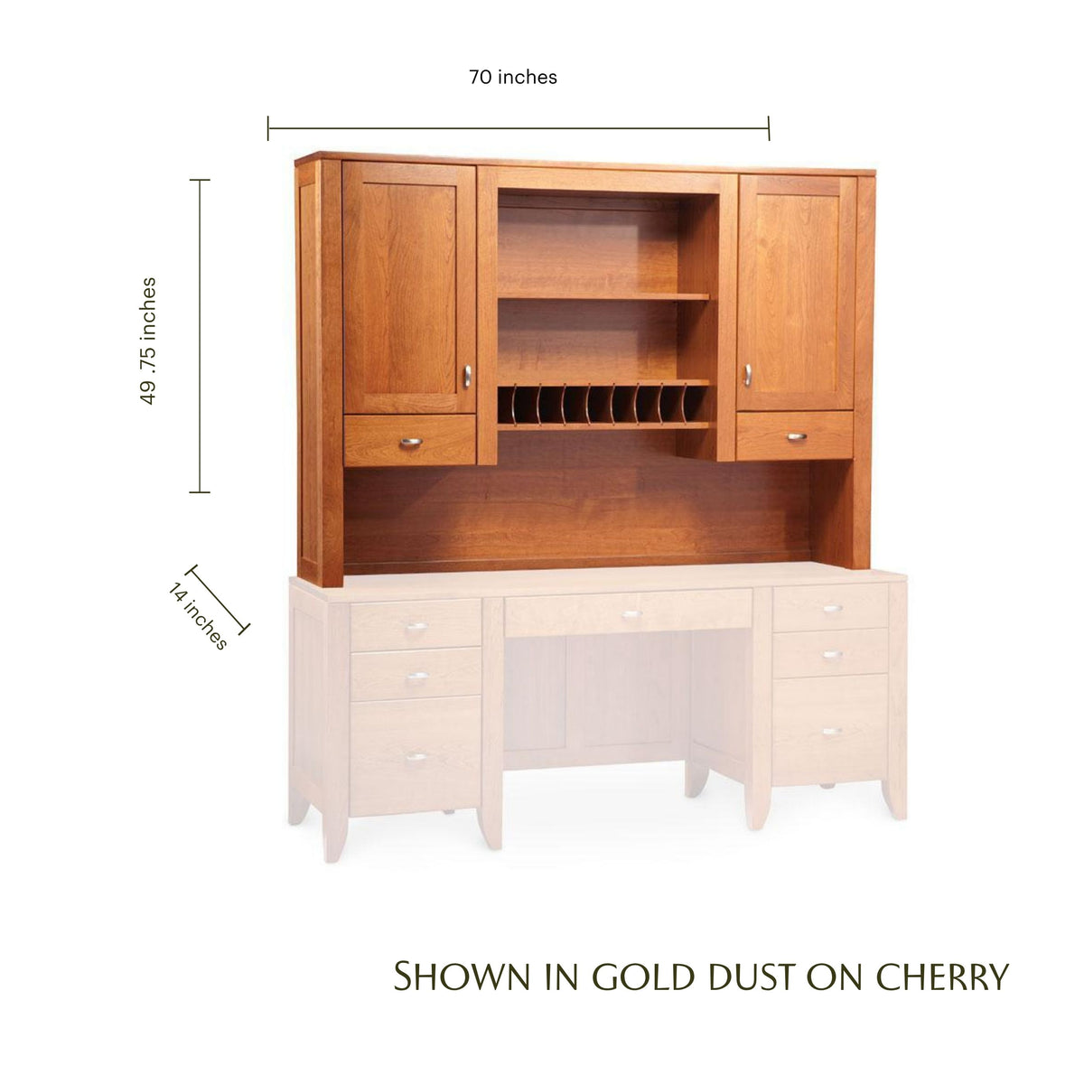 Justine wooden hutch top in gold dust cherry with dimensions, shown on a desk.