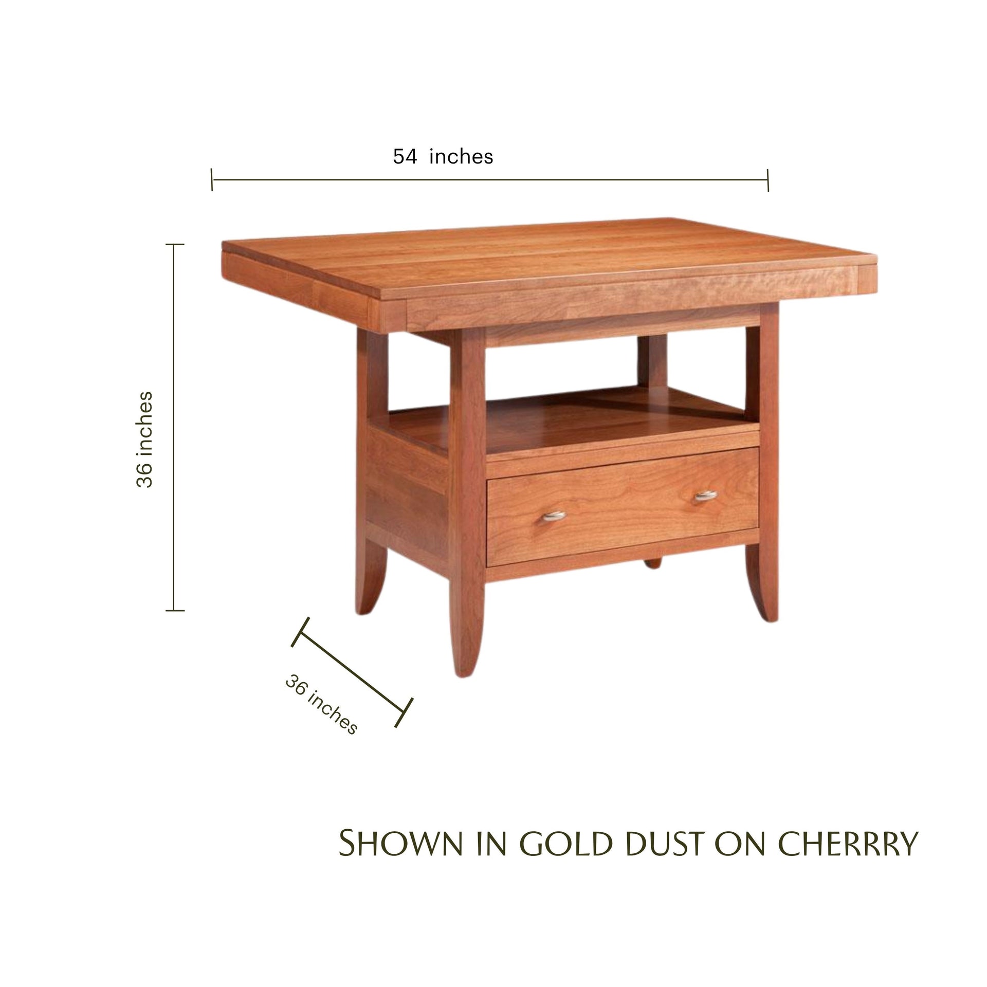 Justine cherry wood island table with dimensions showing 54-inch width and 36-inch height.