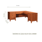 Justine L-shape cherry wood desk in gold dust finish with drawers and dimensions.