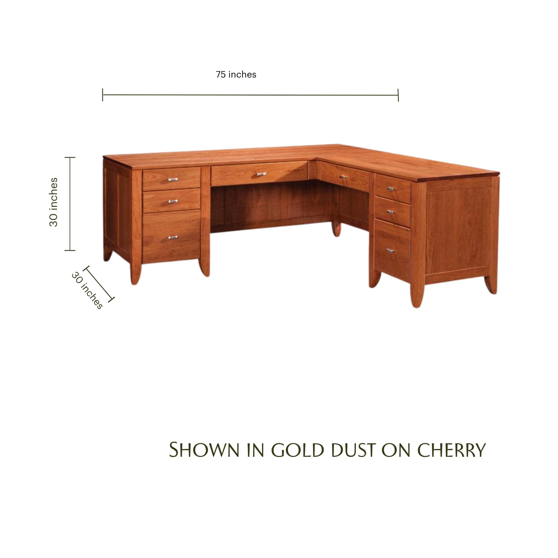 Justine L-shape cherry wood desk in gold dust finish with drawers and dimensions.