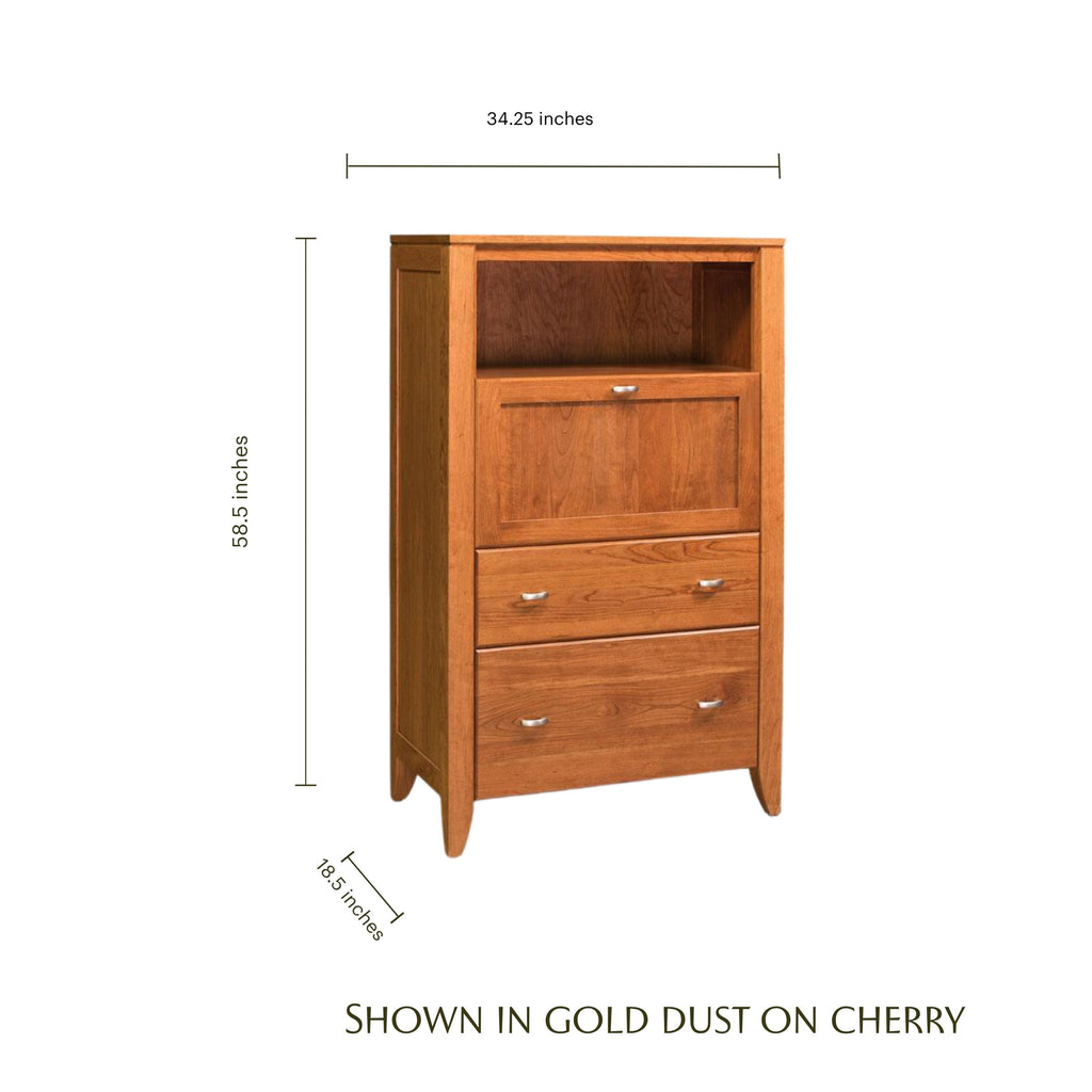 Justine cherry wood laptop cabinet with dimensions, featuring a file drawer and open shelf.