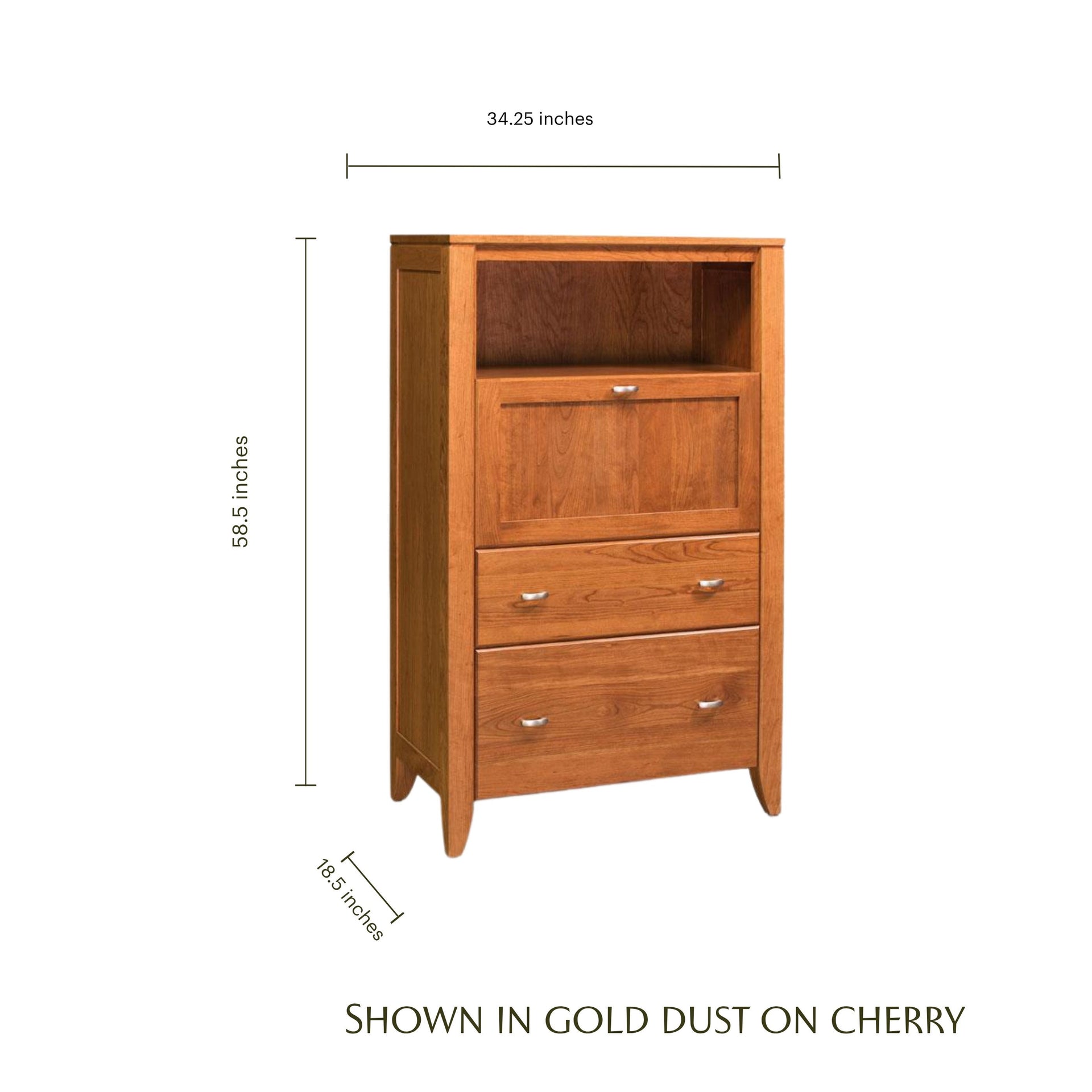 Justine cherry wood laptop cabinet with dimensions, featuring a file drawer and open shelf.