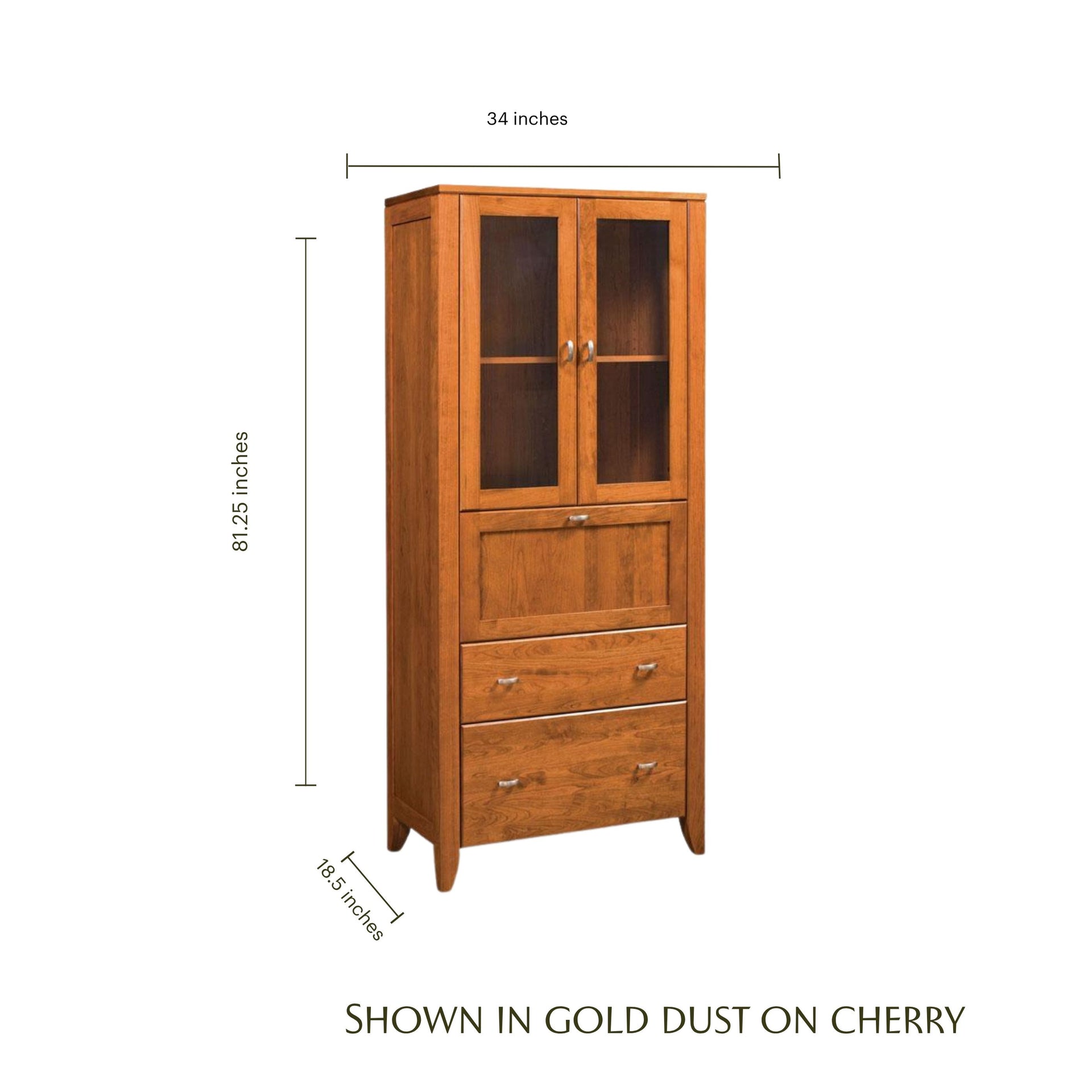 Justine cherry wood laptop secretary desk with dimensions, shown in gold dust finish.