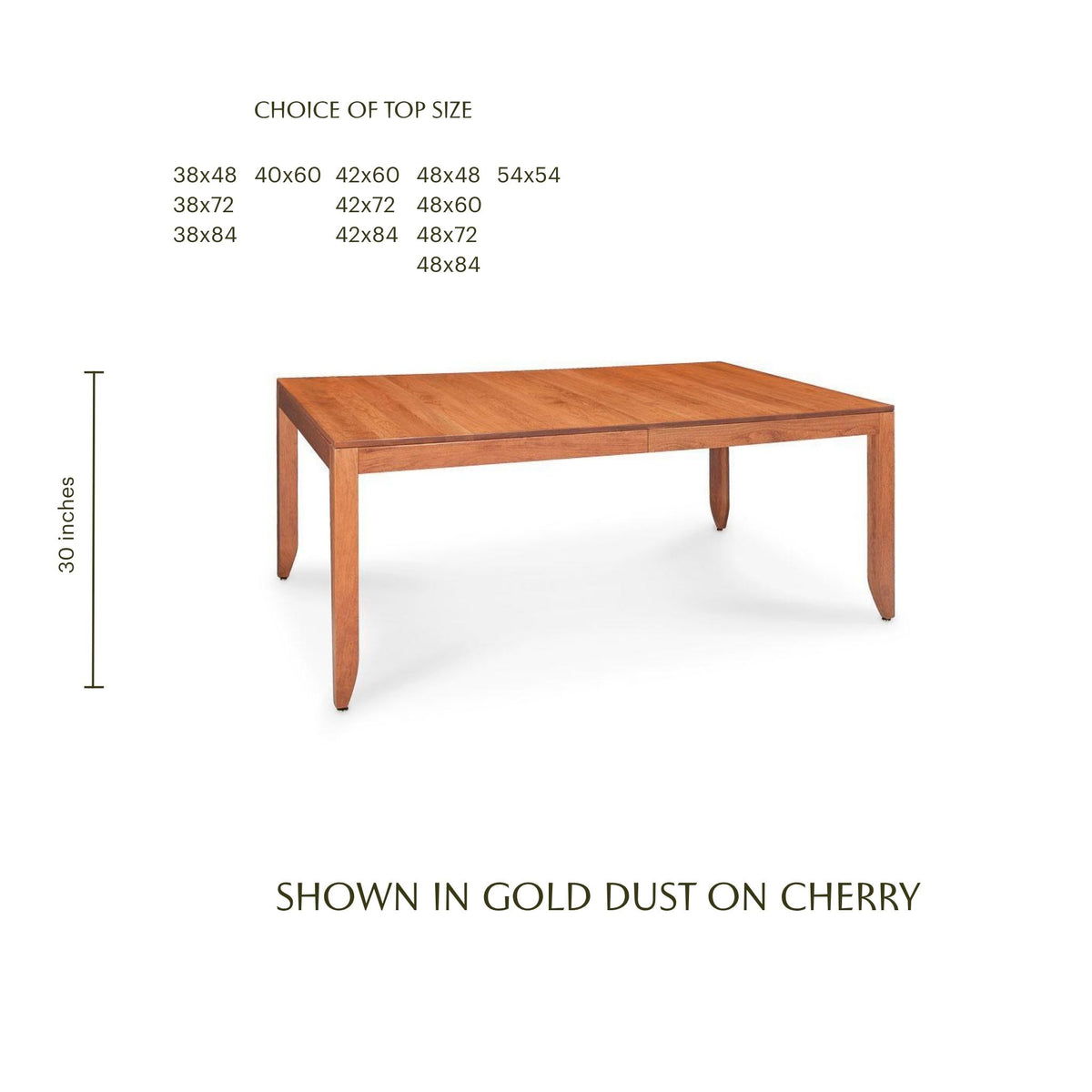 Justine solid cherry wood dining table in a warm gold dust finish with tapered legs.