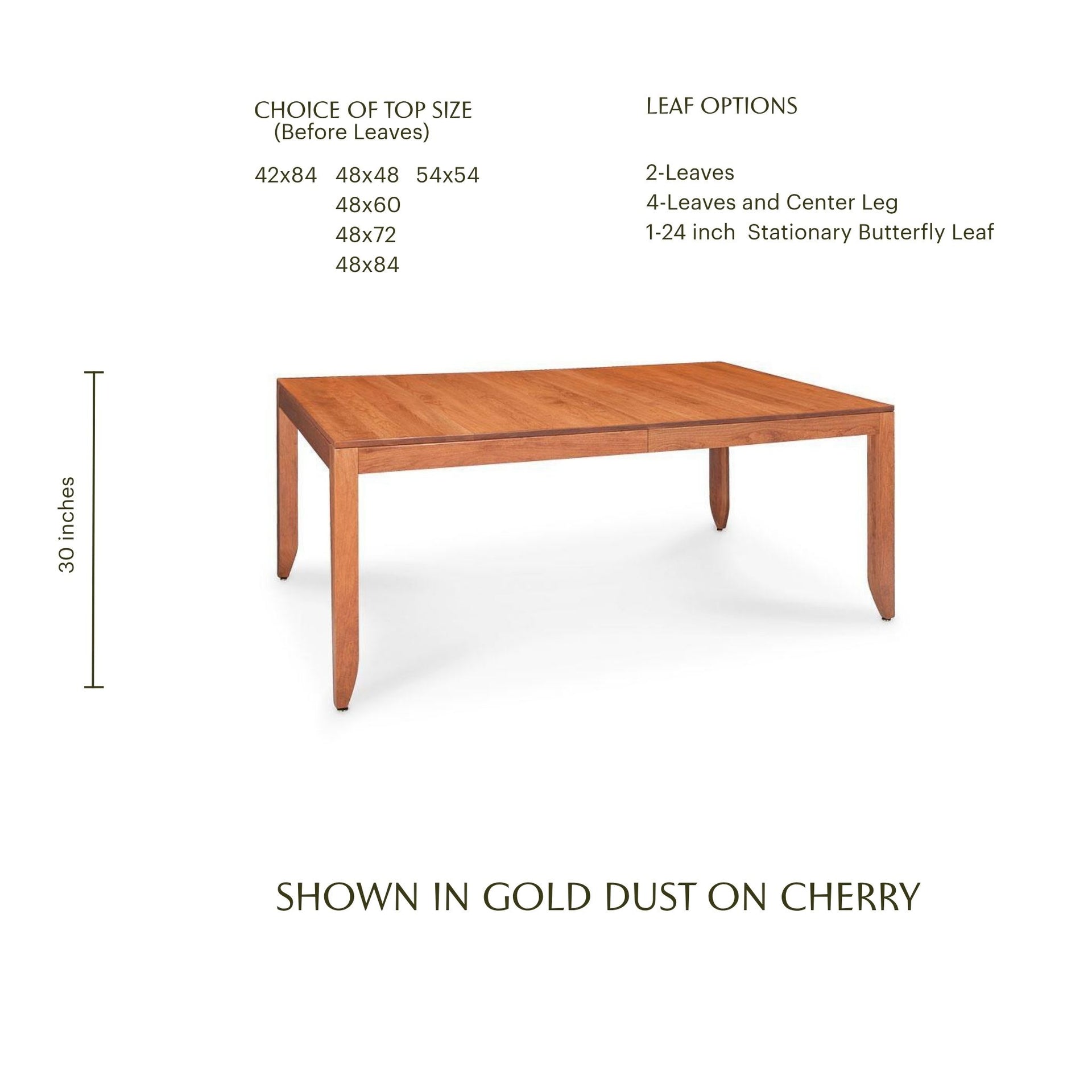Justine shaker style solid cherry wood dining table in gold dust finish with size options.