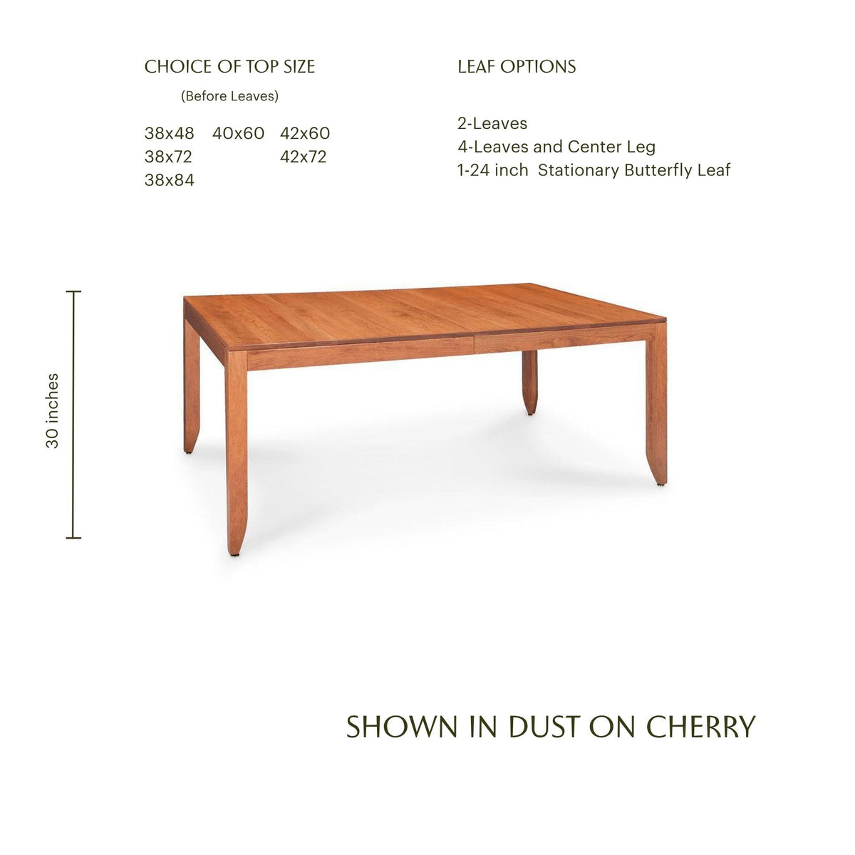 Justine shaker style solid cherry wood dining table with tapered legs in a warm dust finish.