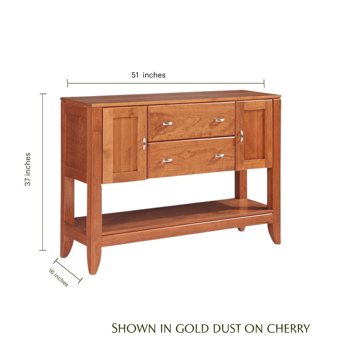 Justine wooden sideboard in gold dust on cherry with dimensions 51x37x16 inches