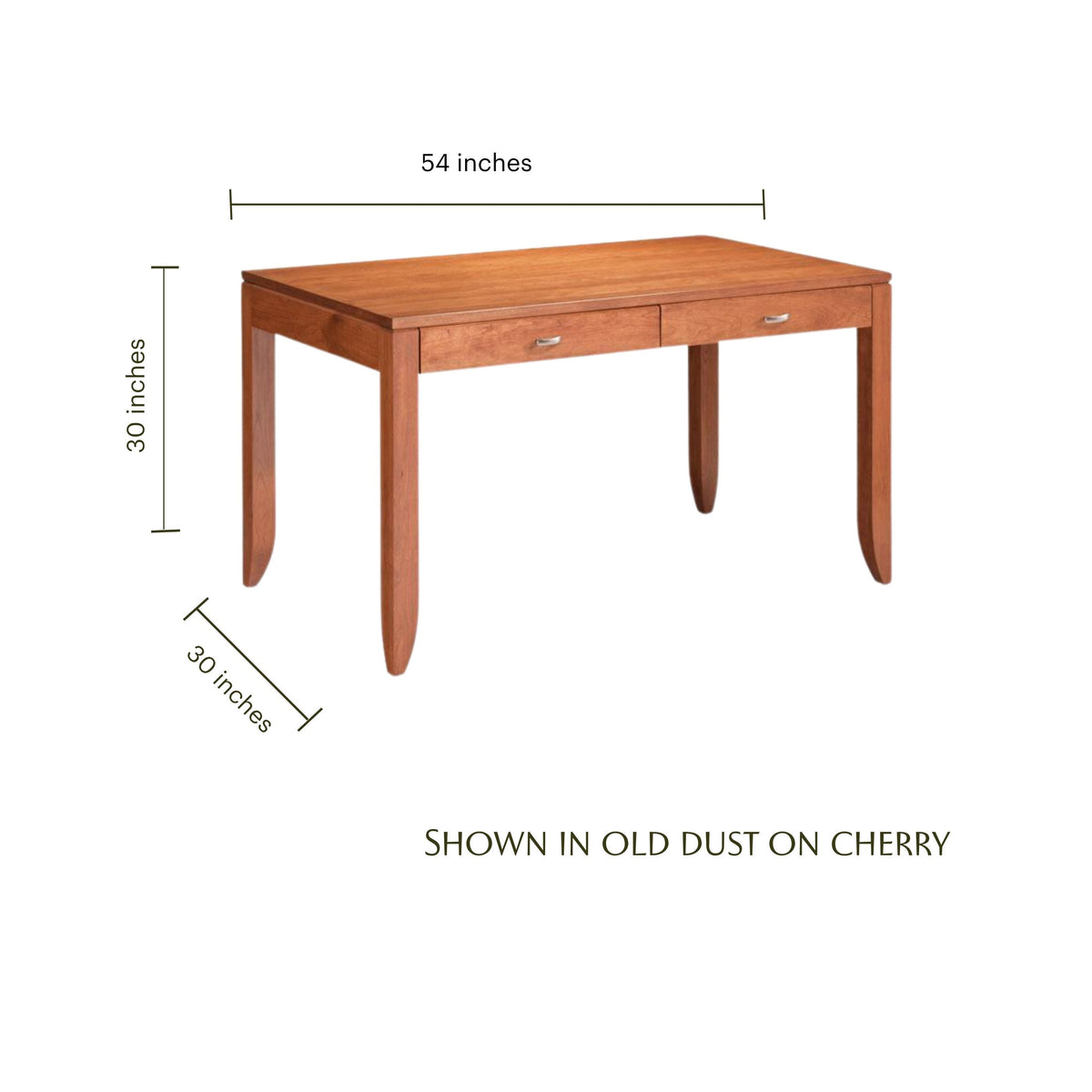 Justine cherry wood writing desk with two drawers, measuring 54 by 30 inches.
