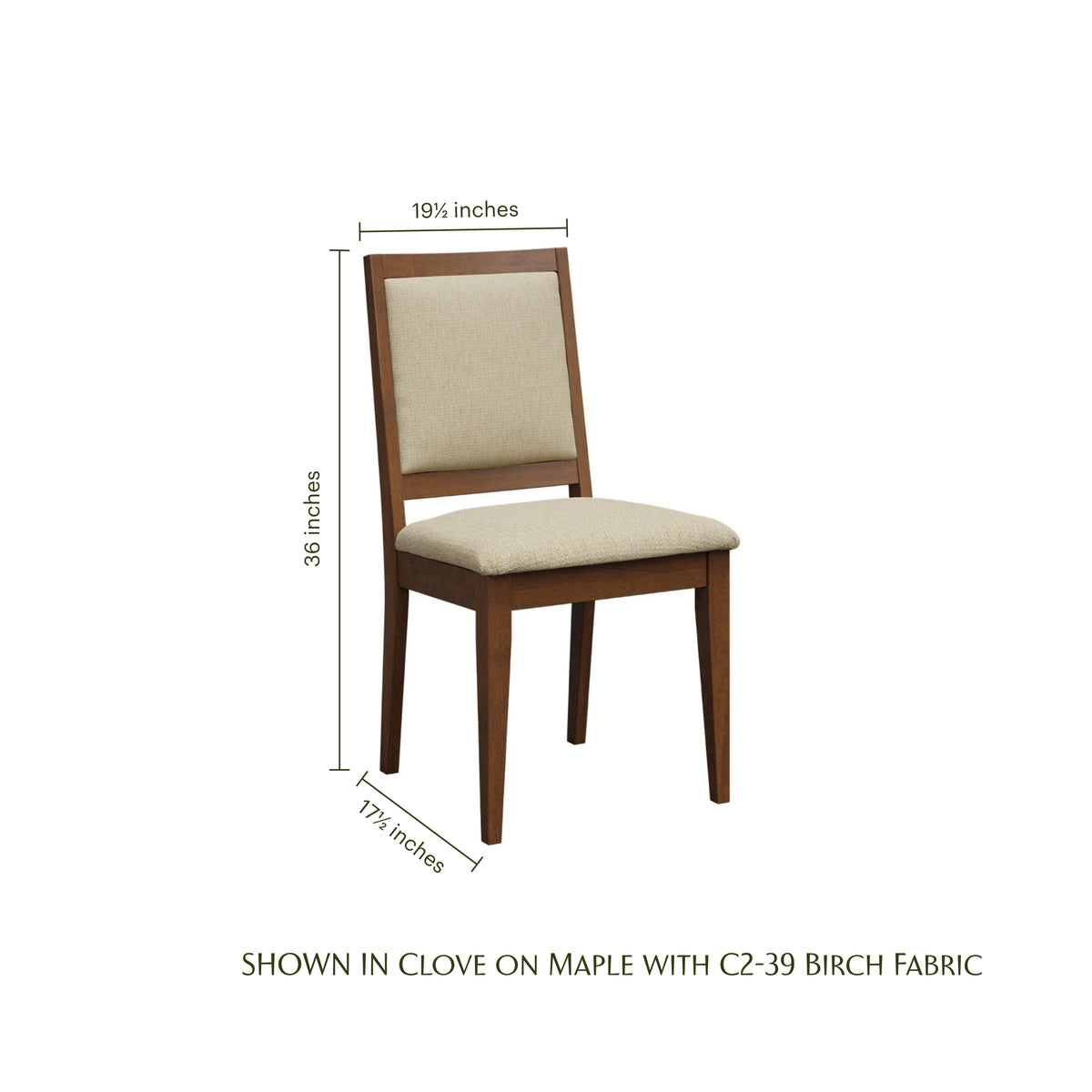 Kelsey upholstered dining side chair in clove on maple wood with dimensions shown.