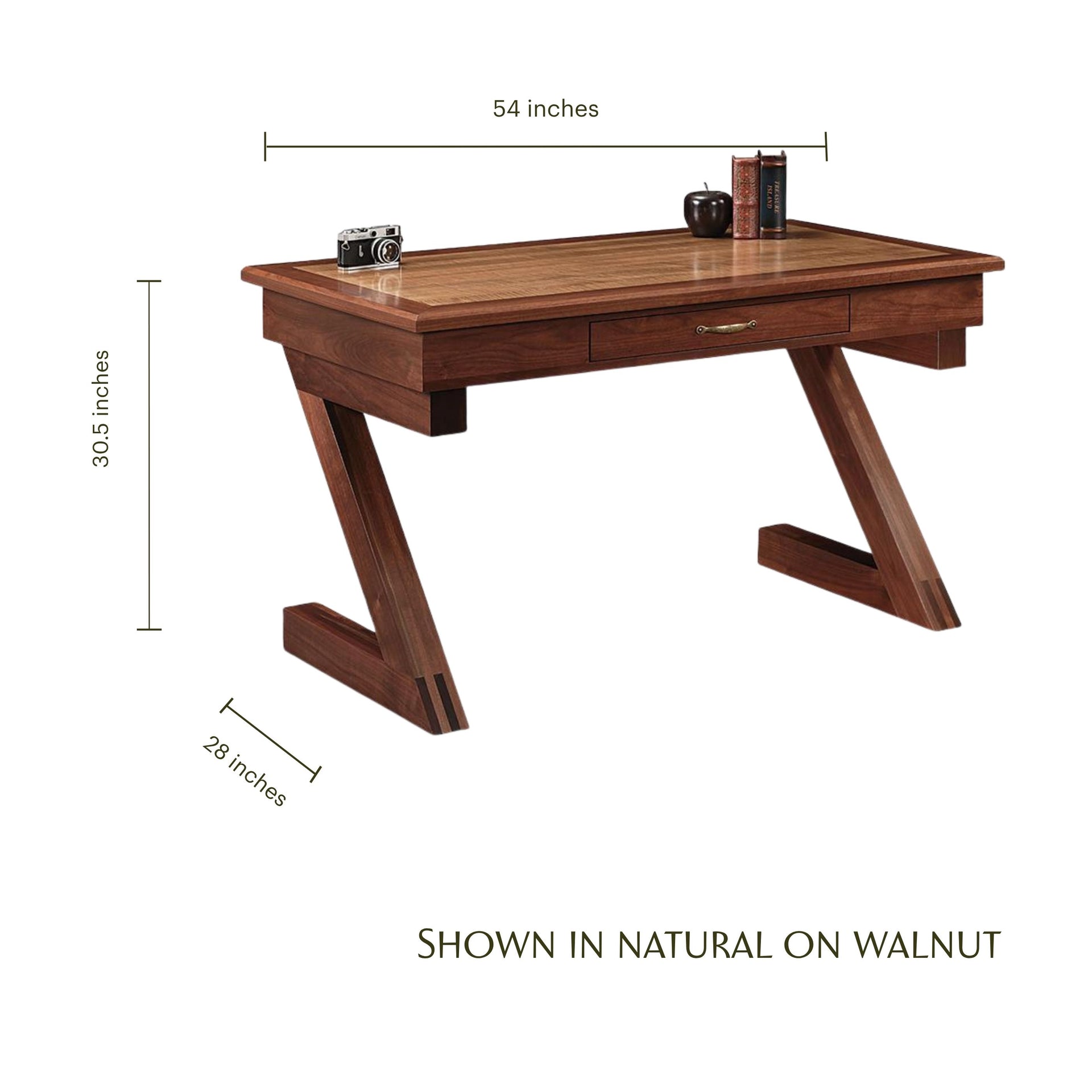 Kipling solid walnut writing desk with Z-shaped legs, leather inlay top, and dimensions.