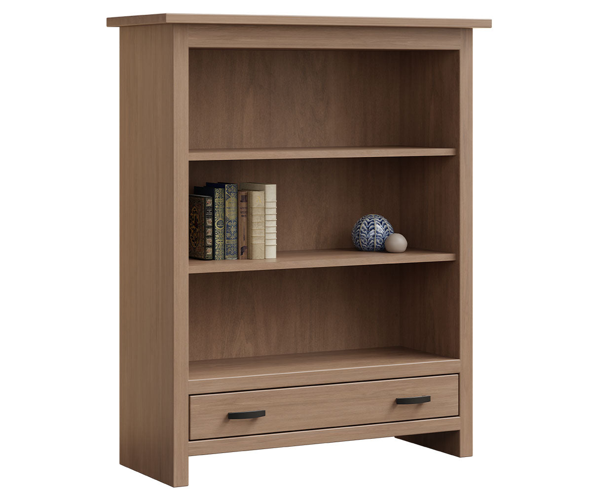 Lamont mission style solid wood bookcase with three shelves and a bottom drawer