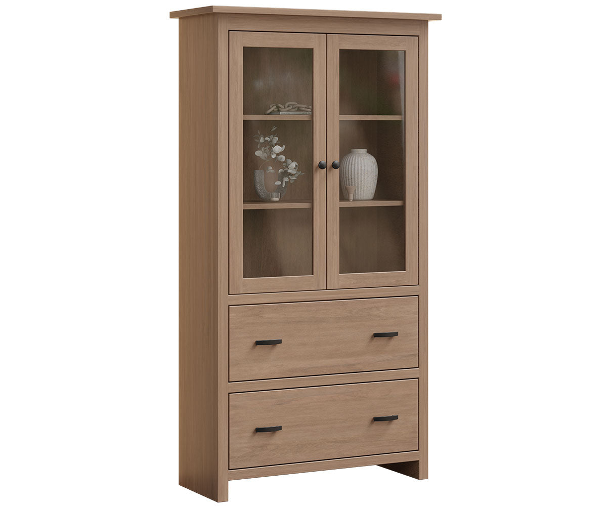 Lamont light brown wood bookcase with glass doors and two lower drawers