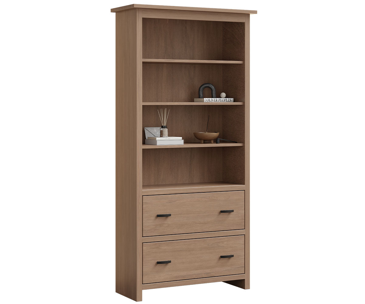Lamont light brown solid wood mission style bookcase with shelves and two drawers.