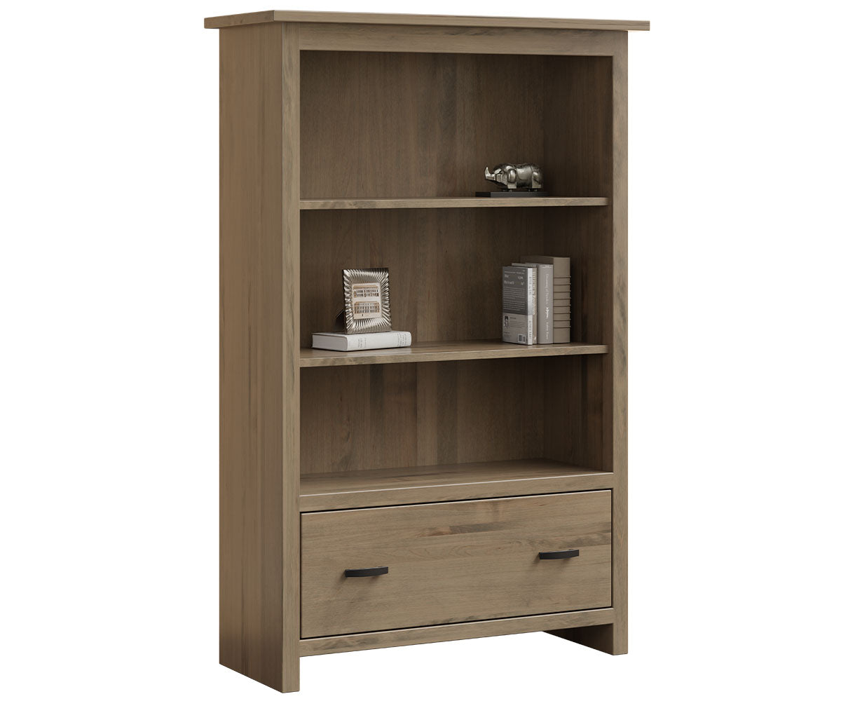 Lamont solid wood mission style bookcase with three open shelves and a bottom drawer.