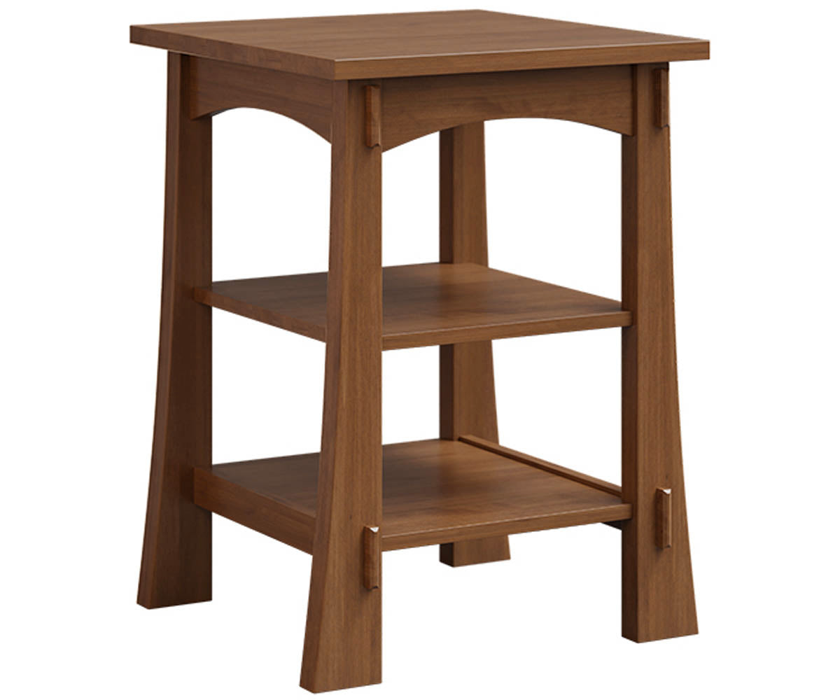 Modesto solid wood printer stand with craftsman styling, two open shelves, and a warm brown finish.