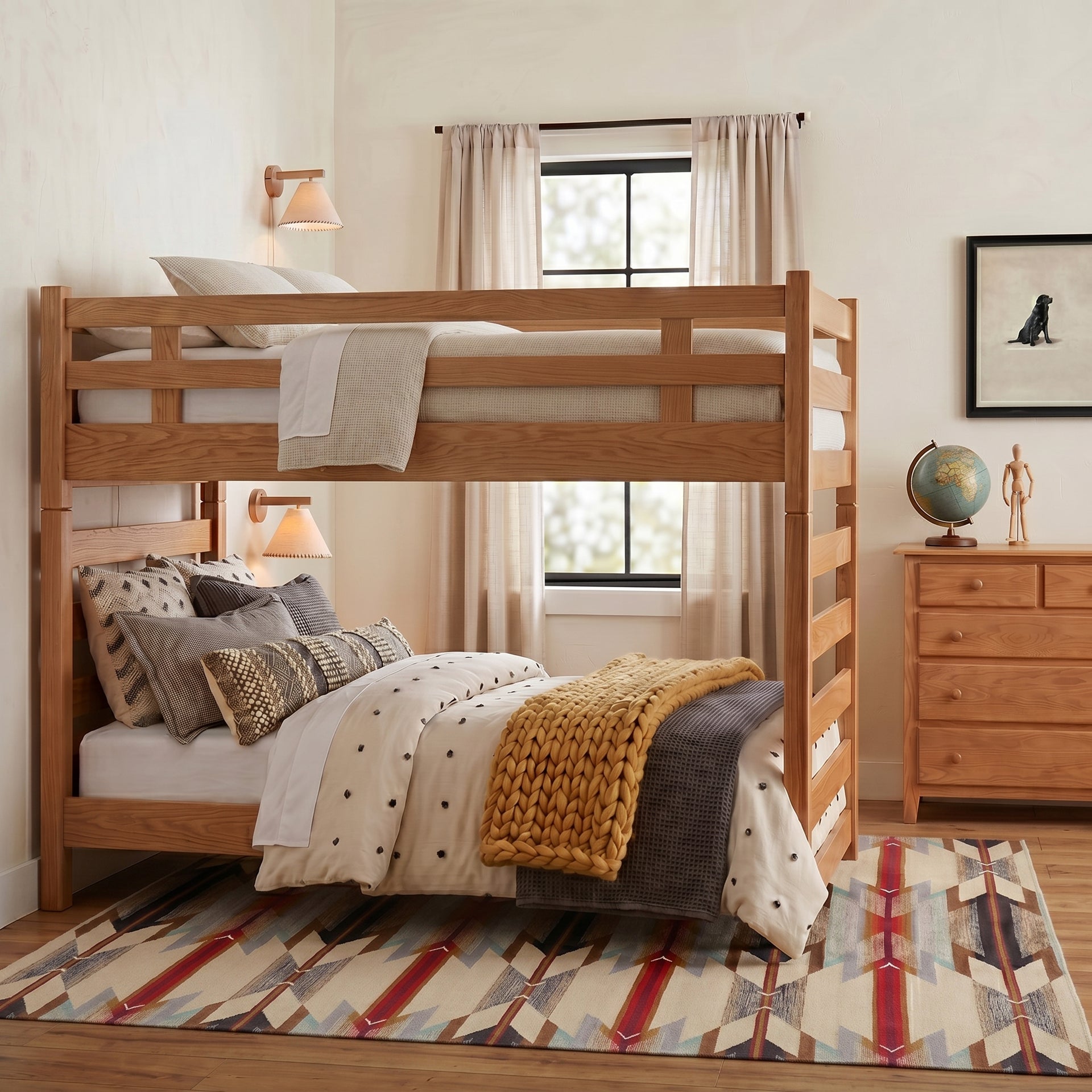 Light oak wood ladder bunk bed with cozy neutral bedding in a modern bedroom.