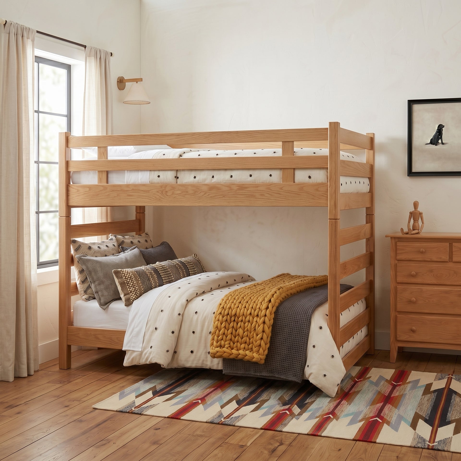 Light wood ladder bunk bed with patterned bedding in a cozy bedroom.