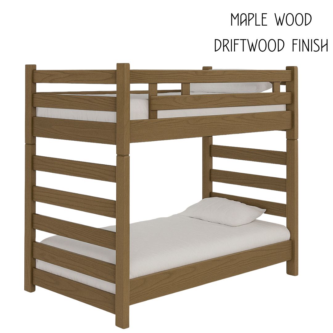 Maple wood ladder bunk bed in a driftwood finish with white bedding
