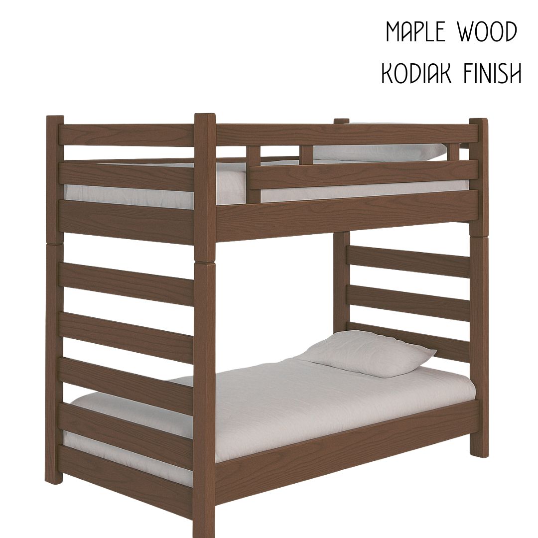 Maple wood ladder bunk bed in a dark brown Kodiak finish with white bedding.