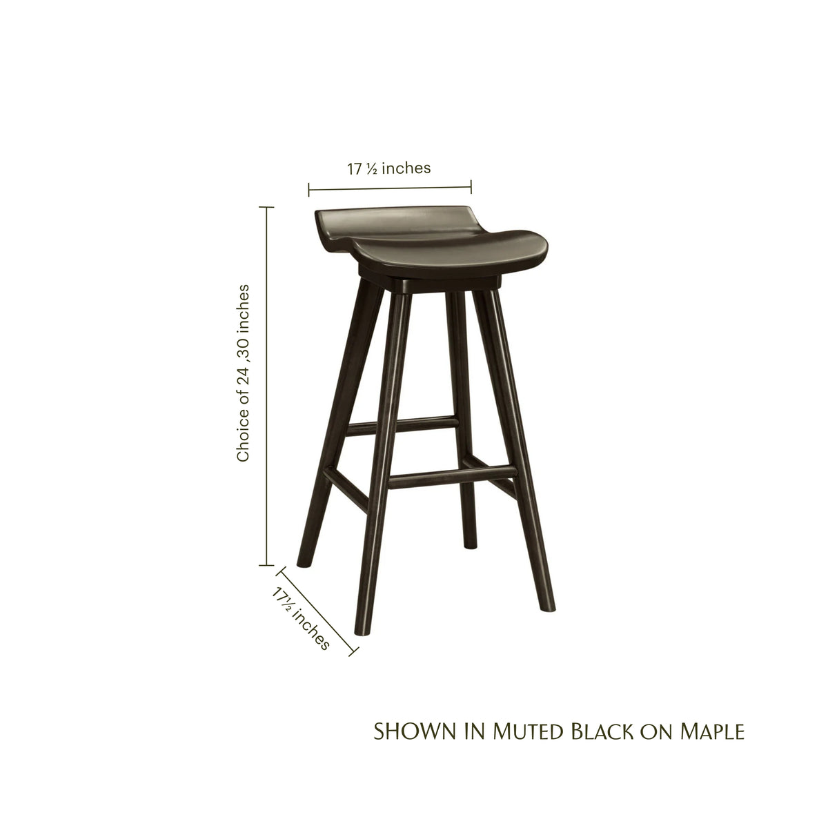 Lambert black maple swivel barstool with dimensions shown.