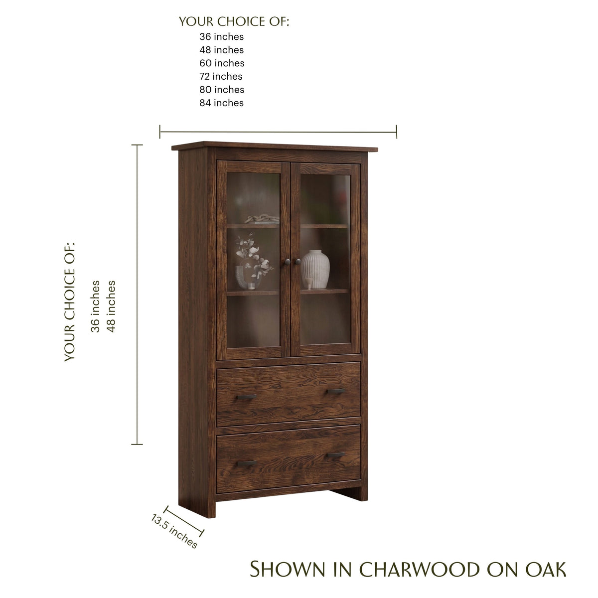 Lamont oak bookcase in charwood finish with glass doors, drawers, and custom size options.