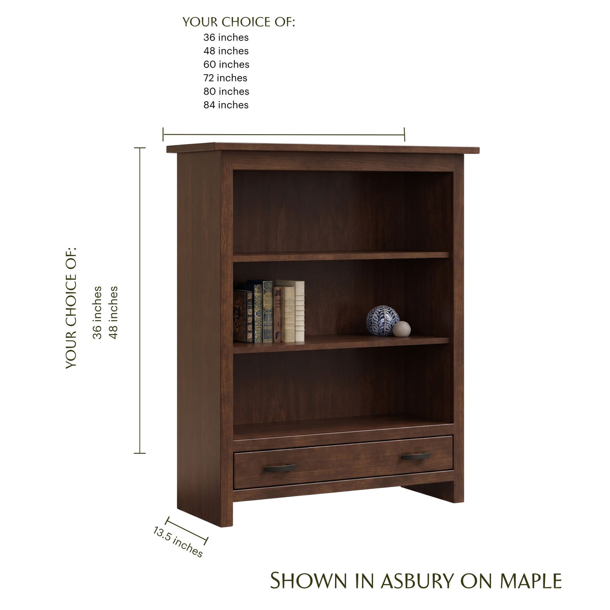 Lamont mission style solid wood bookcase in Asbury on maple finish with size options.
