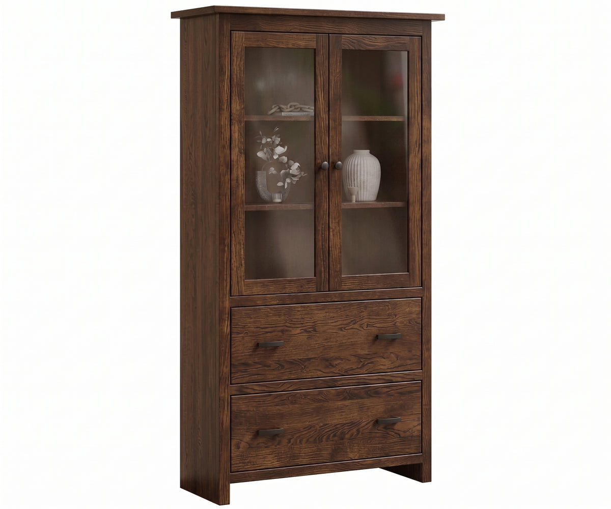 Lamont Mission-style dark wood bookcase with glass doors and two drawers