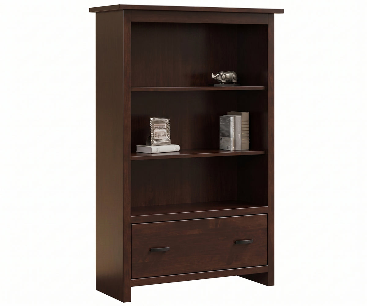 Lamont dark brown solid wood mission style bookcase with three shelves and one bottom drawer
