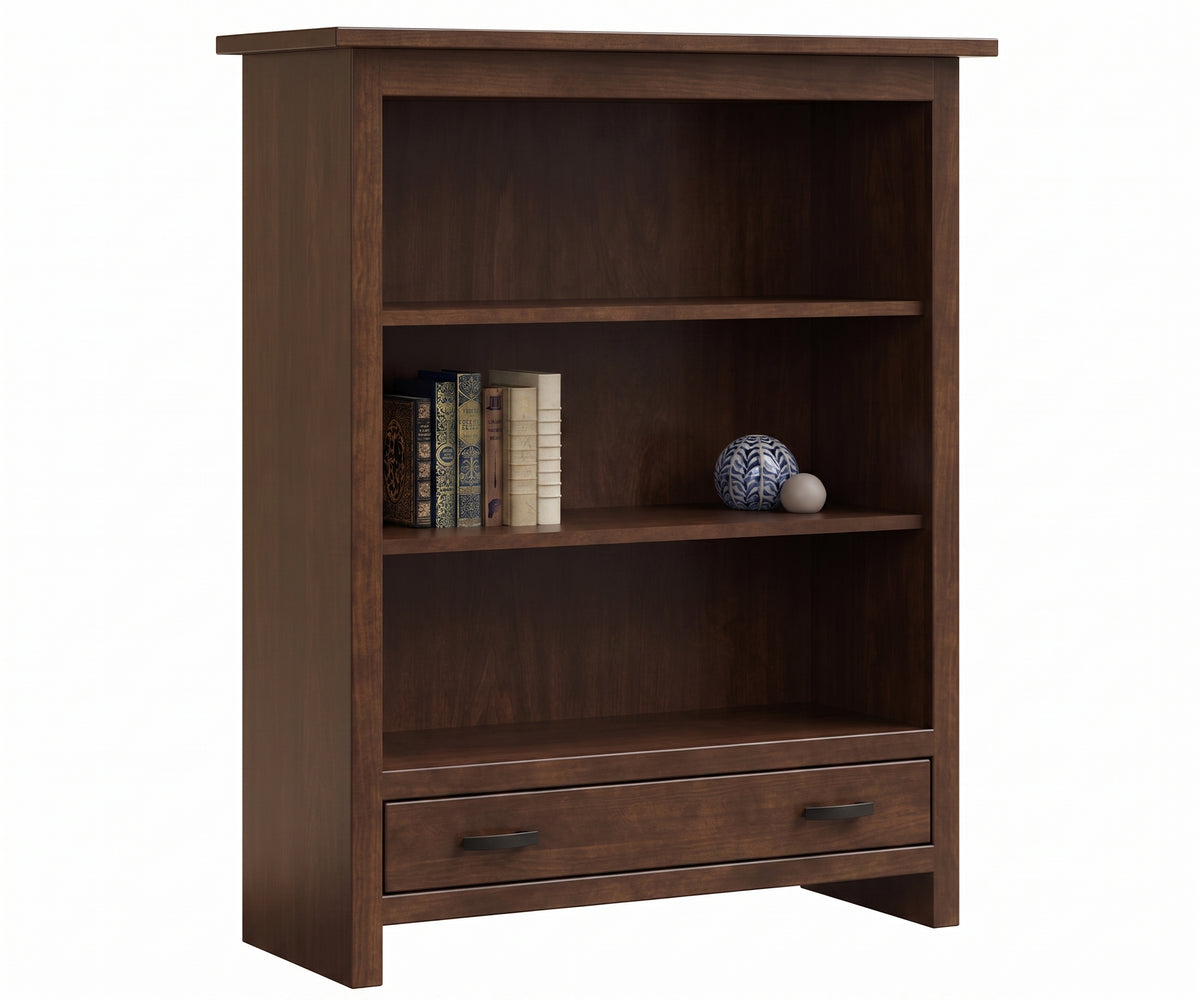 Lamont dark brown solid wood open bookcase with three shelves and a bottom drawer