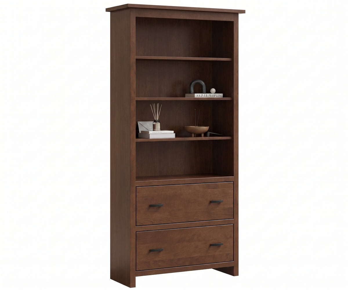 Lamont dark brown solid wood open bookcase with shelves and two drawers.