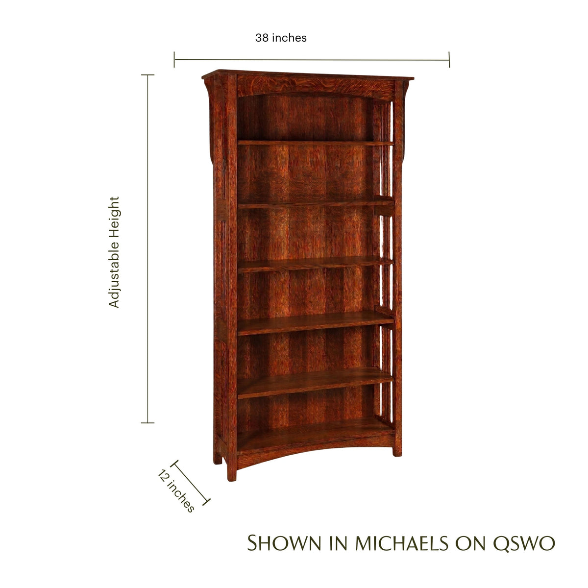 Landmark Mission Bookcase in Michaels on QSWO with dimensions shown