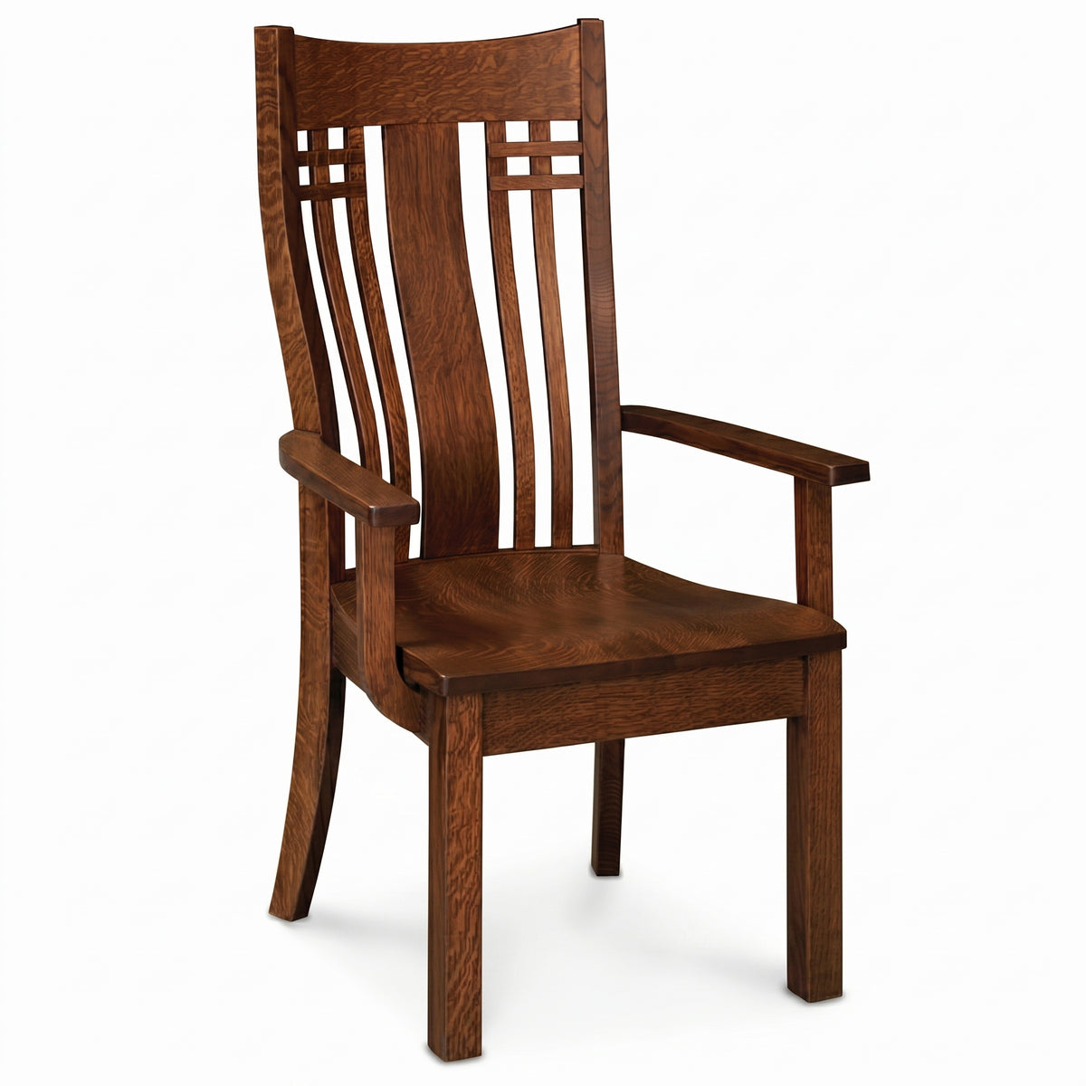 Larson Mission Arm Chair in dark solid hardwood with a high slat back and wooden armrests