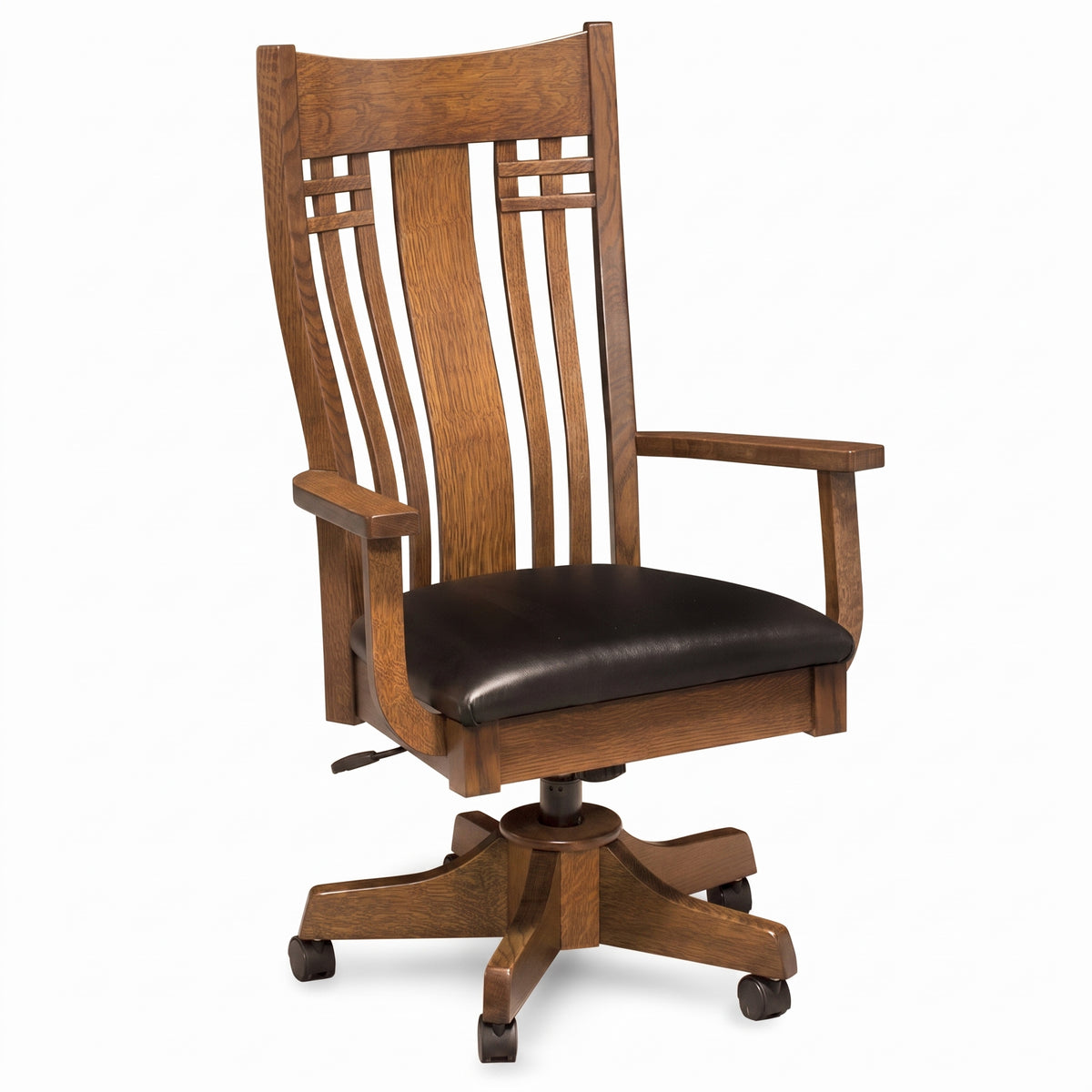 Larson Mission Arm Desk Chair in solid oak wood with a black leather seat and casters.