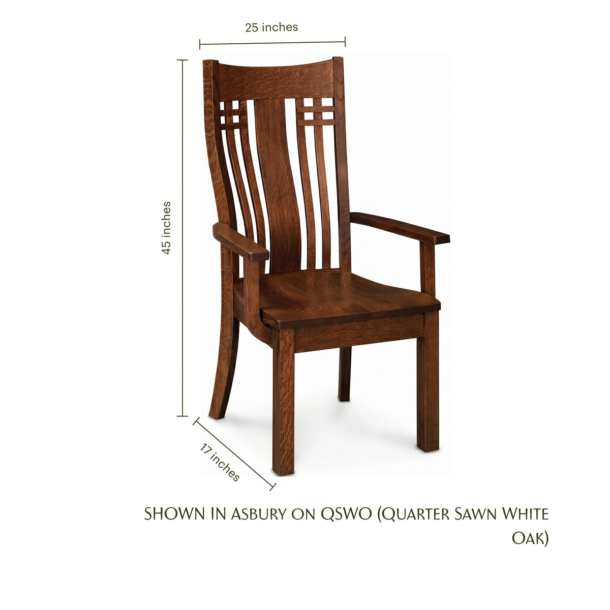 Larson Mission Arm Chair in Asbury on Quarter Sawn White Oak with dimensions