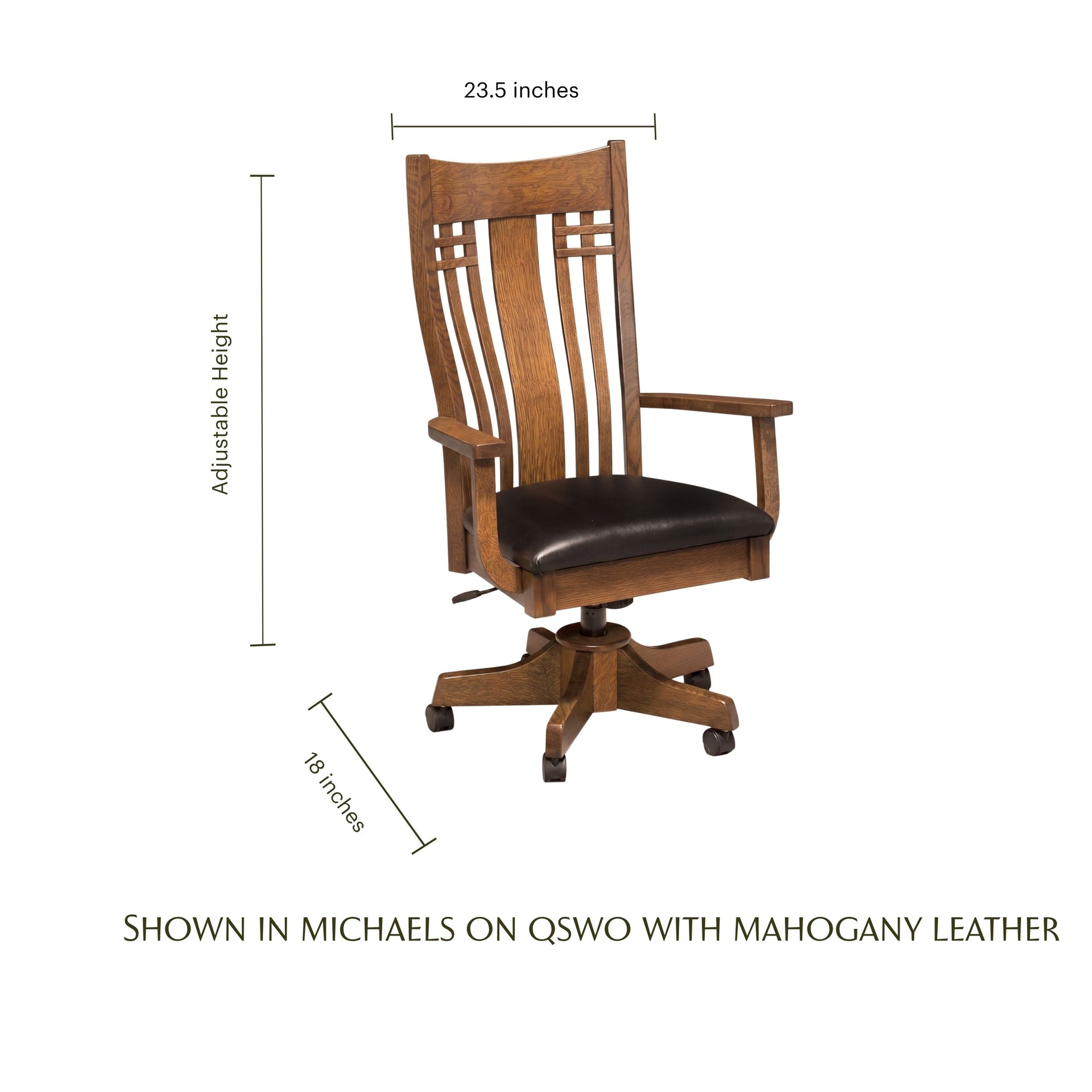Larson Mission oak desk chair with mahogany leather seat and dimensions shown.