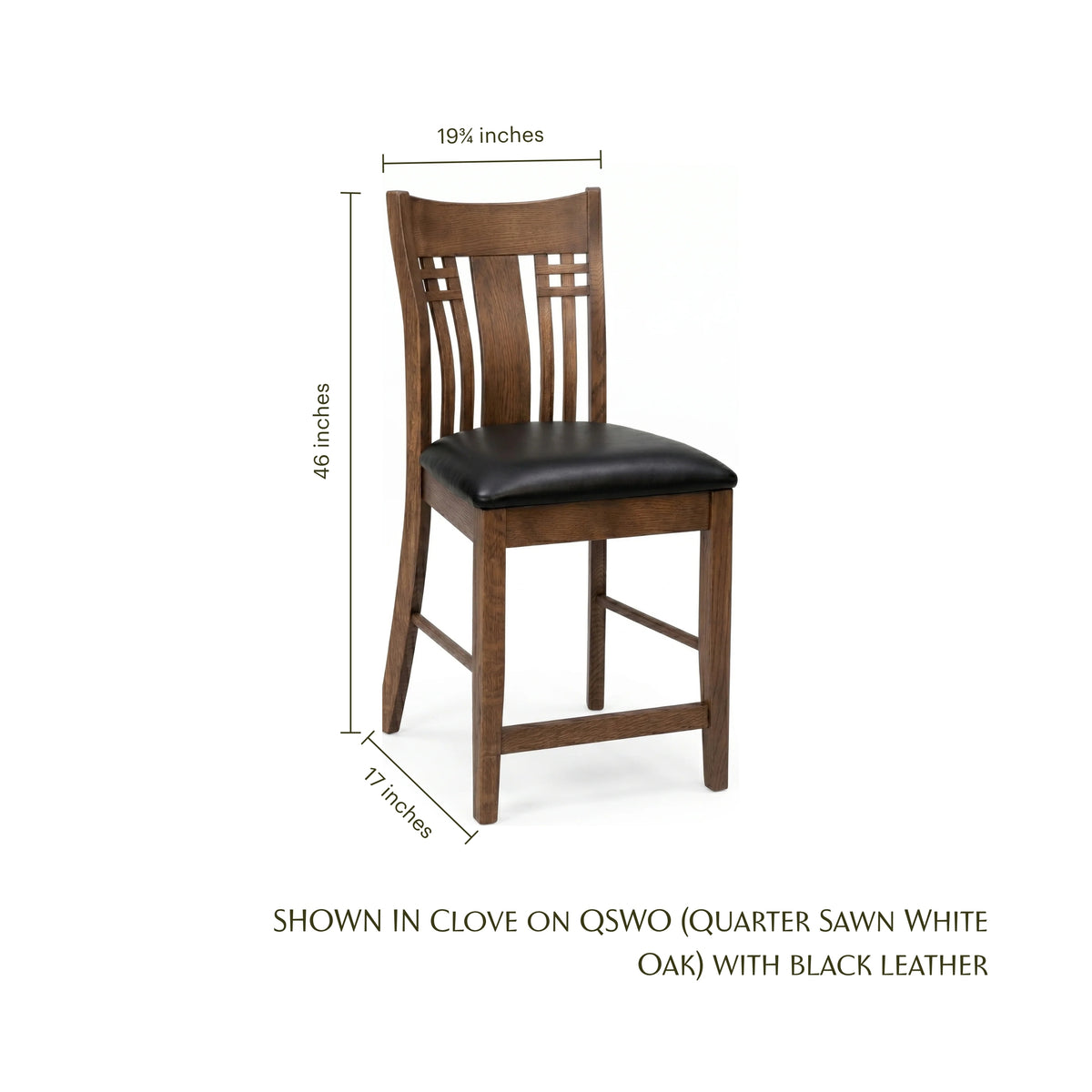 Larson Mission Bar Chair in clove oak with black leather seat and dimensions.